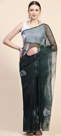 Party Wear, Traditional Green color Saree in Organza Silk, Silk fabric with South Cut Dana, Digital Print work : 1904797