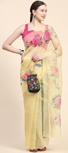 Party Wear, Traditional Yellow color Saree in Organza Silk, Silk fabric with South Cut Dana, Digital Print, Floral work : 1904798