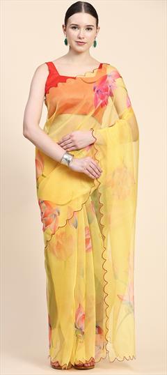 Party Wear, Traditional Yellow color Saree in Organza Silk, Silk fabric with South Cut Dana, Digital Print, Floral work : 1904799