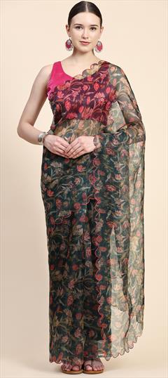 Party Wear, Traditional Green color Saree in Organza Silk, Silk fabric with South Digital Print, Floral work : 1904800