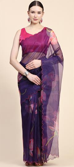 Party Wear, Traditional Blue color Saree in Organza Silk, Silk fabric with South Digital Print, Floral work : 1904801