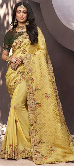 Bridal, Traditional, Wedding Yellow color Saree in Silk fabric with South Embroidered, Sequence, Thread work : 1904802