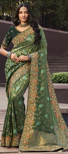 Bridal, Traditional, Wedding Green color Saree in Silk fabric with South Embroidered, Resham, Sequence, Thread work : 1904803