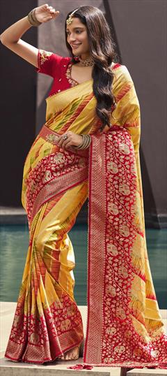 Bridal, Traditional, Wedding Red and Maroon, Yellow color Saree in Silk fabric with South Border, Weaving work : 1904805