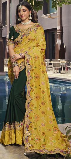 Bridal, Traditional, Wedding Green, Yellow color Saree in Silk fabric with South Embroidered, Resham, Sequence, Thread, Weaving work : 1904823