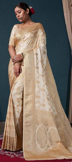 Traditional, Wedding White and Off White color Saree in Satin Silk, Silk fabric with South Weaving, Zari work : 1904828