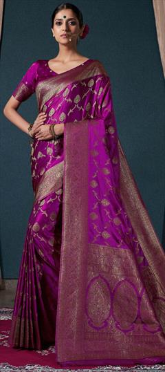 Traditional, Wedding Purple and Violet color Saree in Satin Silk, Silk fabric with South Weaving, Zari work : 1904832