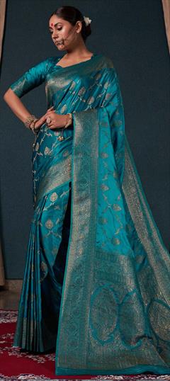 Traditional, Wedding Blue color Saree in Satin Silk, Silk fabric with South Weaving, Zari work : 1904837