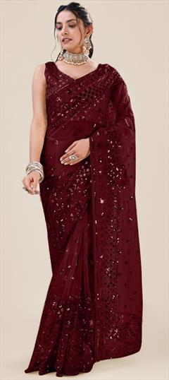 Festive, Mehendi Sangeet, Party Wear, Reception Red and Maroon color Saree in Net fabric with Classic Embroidered, Sequence, Thread work : 1904865