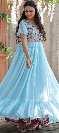 Festive, Reception Blue color Gown in Faux Georgette fabric with Embroidered, Sequence, Thread work : 1904887
