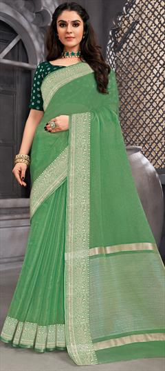 Party Wear, Traditional Green color Saree in Organza Silk, Silk fabric with South Weaving, Zari work : 1904966