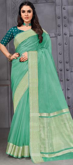 Party Wear, Traditional Green color Saree in Organza Silk, Silk fabric with South Weaving, Zari work : 1904971