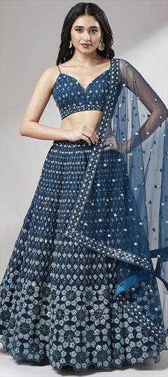 Designer, Reception, Wedding Blue color Lehenga in Net fabric with Flared Embroidered, Sequence, Thread work : 1905185