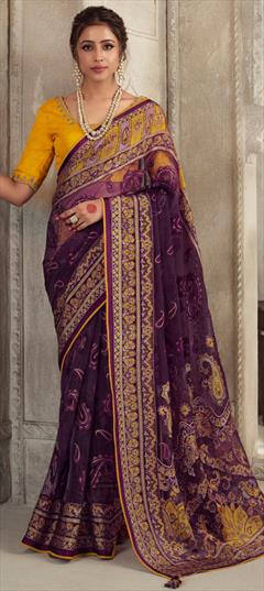 Festive, Traditional, Wedding Purple and Violet color Saree in Organza Silk, Silk fabric with South Embroidered, Printed, Resham, Thread, Zari work : 1905205