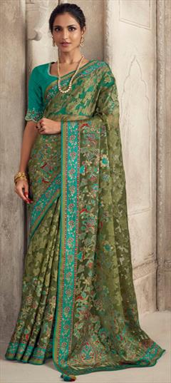Festive, Traditional, Wedding Green color Saree in Organza Silk, Silk fabric with South Embroidered, Printed, Resham, Thread, Zari work : 1905206
