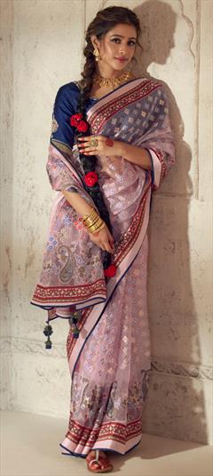 Festive, Traditional, Wedding Pink and Majenta color Saree in Organza Silk, Silk fabric with South Embroidered, Printed, Resham, Thread, Zari work : 1905207