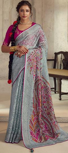 Festive, Traditional, Wedding Blue color Saree in Organza Silk, Silk fabric with South Embroidered, Printed, Resham, Thread, Zari work : 1905209
