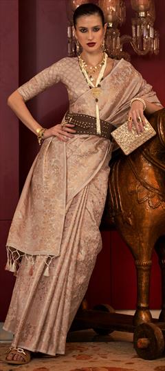 Party Wear, Traditional, Wedding Beige and Brown, Black and Grey color Saree in Handloom fabric with Bengali Weaving work : 1905239