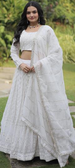 Festive, Reception, Wedding White and Off White color Long Lehenga Choli in Faux Georgette fabric with Flared Embroidered, Sequence, Thread work : 1905334