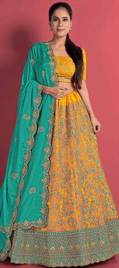 Festive, Party Wear, Reception, Wedding Yellow color Lehenga in Net fabric with Flared Embroidered, Thread, Zari, Zircon work : 1905435