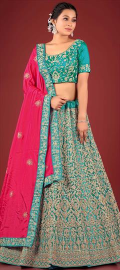 Festive, Party Wear, Reception, Wedding Blue, Pink and Majenta color Lehenga in Net fabric with Flared Embroidered, Thread, Zari, Zircon work : 1905438