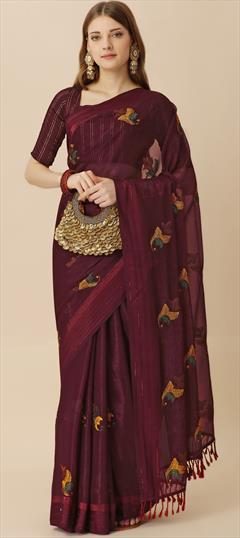 Festive, Party Wear Red and Maroon color Saree in Chiffon fabric with Classic Embroidered, Stone, Thread work : 1905450