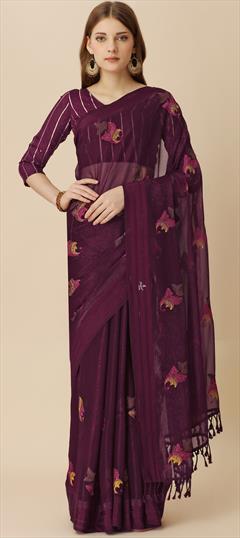 Festive, Party Wear Purple and Violet color Saree in Chiffon fabric with Classic Embroidered, Stone, Thread work : 1905462