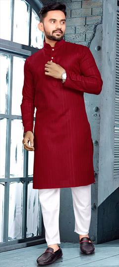 Party Wear Red and Maroon color Kurta Pyjamas in Blended Cotton fabric with Thread work : 1905583