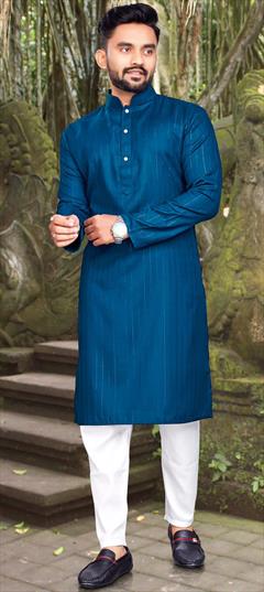 Party Wear Blue color Kurta Pyjamas in Blended Cotton fabric with Thread work : 1905586