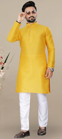 Party Wear Yellow color Kurta Pyjamas in Jacquard fabric with Weaving work : 1905589