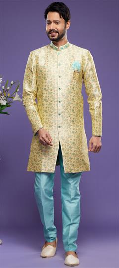 Party Wear Blue, Gold color IndoWestern Dress in Jacquard fabric with Broches, Embroidered, Thread work : 1905633