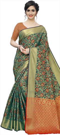 Party Wear, Traditional Green color Saree in Blended Cotton fabric with Bengali Weaving work : 1905664