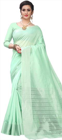Party Wear, Traditional Green color Saree in Blended Cotton fabric with Bengali Weaving work : 1905665