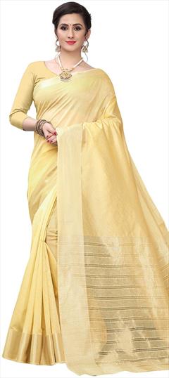 Party Wear, Traditional Gold color Saree in Blended Cotton fabric with Bengali Weaving work : 1905666