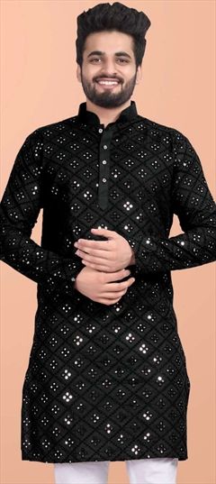 Party Wear Black and Grey color Kurta in Blended Cotton fabric with Mirror work : 1905678