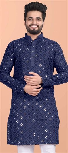 Party Wear Blue color Kurta in Blended Cotton fabric with Mirror work : 1905680