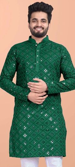 Party Wear Green color Kurta in Blended Cotton fabric with Mirror work : 1905681