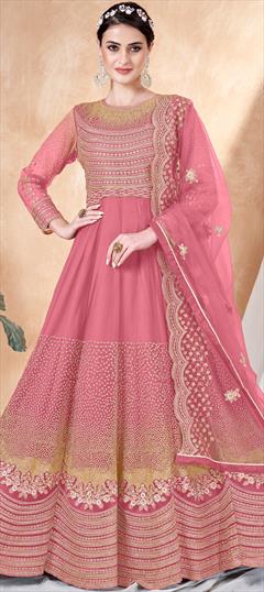 Festive, Party Wear, Reception Pink and Majenta color Salwar Kameez in Net fabric with Anarkali Embroidered, Resham, Thread, Zari work : 1905845