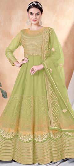 Festive, Party Wear, Reception Green color Salwar Kameez in Net fabric with Anarkali Embroidered, Resham, Thread, Zari work : 1905854