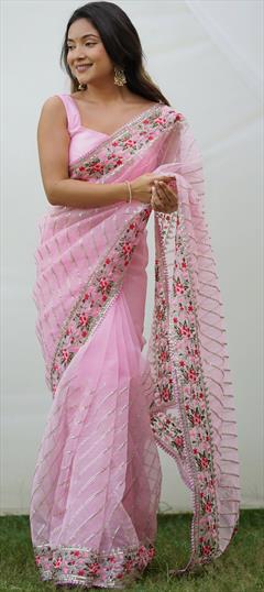 Festive, Party Wear, Reception Pink and Majenta color Saree in Organza Silk fabric with South Embroidered, Sequence, Thread work : 1905856