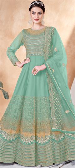 Festive, Party Wear, Reception Blue color Salwar Kameez in Net fabric with Anarkali Embroidered, Resham, Thread, Zari work : 1905857