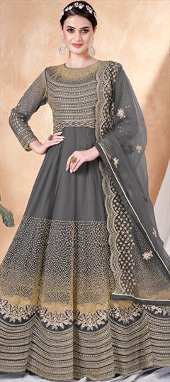 Festive, Party Wear, Reception Black and Grey color Salwar Kameez in Net fabric with Anarkali Embroidered, Resham, Thread, Zari work : 1905859