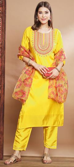 Festive, Party Wear Yellow color Salwar Kameez in Blended fabric with Straight Embroidered, Sequence, Thread work : 1905971