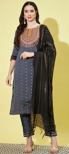 Festive, Party Wear Black and Grey color Salwar Kameez in Blended fabric with Straight Weaving work : 1905975