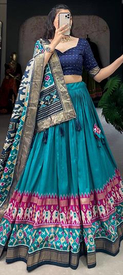 Festive, Navratri Blue color Lehenga in Tussar Silk fabric with Flared Foil Print work : 1905996