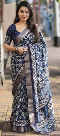 Casual, Summer Blue, White and Off White color Saree in Cotton fabric with Bengali Printed, Weaving work : 1906004