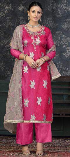 Festive, Party Wear, Reception Pink and Majenta color Salwar Kameez in Organza Silk fabric with Palazzo, Straight Bugle Beads, Sequence, Thread work : 1906015