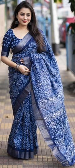 Casual, Summer Blue, White and Off White color Saree in Cotton fabric with Bengali Printed, Weaving work : 1906018