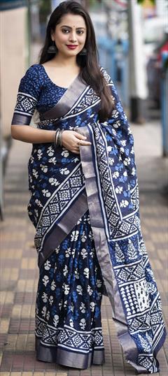 Casual, Summer Blue, White and Off White color Saree in Cotton fabric with Bengali Printed, Weaving work : 1906025