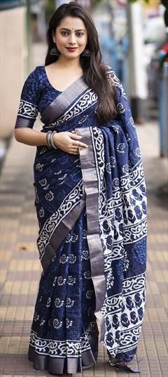 Casual, Summer Blue, White and Off White color Saree in Cotton fabric with Bengali Printed, Weaving work : 1906028